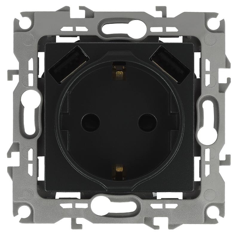 14-4109-05 Розетка 2P+E 16A-250В, штор. с 2xUSB 5В-3А, Elegance, антрацит (10/100/2000) | Б0047871 |