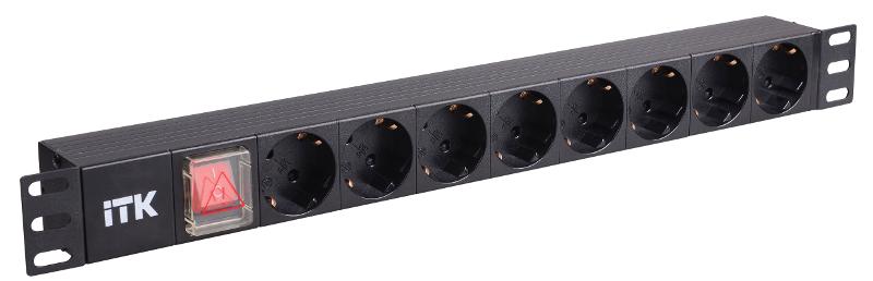 Блок розеток 19 (8шт)PDU с LED выключателем алюминевый профиль 1U ВХОД С14 без шнура | PH12-8D3 | IT